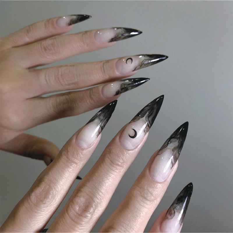 SINHOT Long Stiletto Press on Nails Black French Tip Fake Nails Glossy Glue on Nails Ombre Stick on False Nail with Design 24 pcs